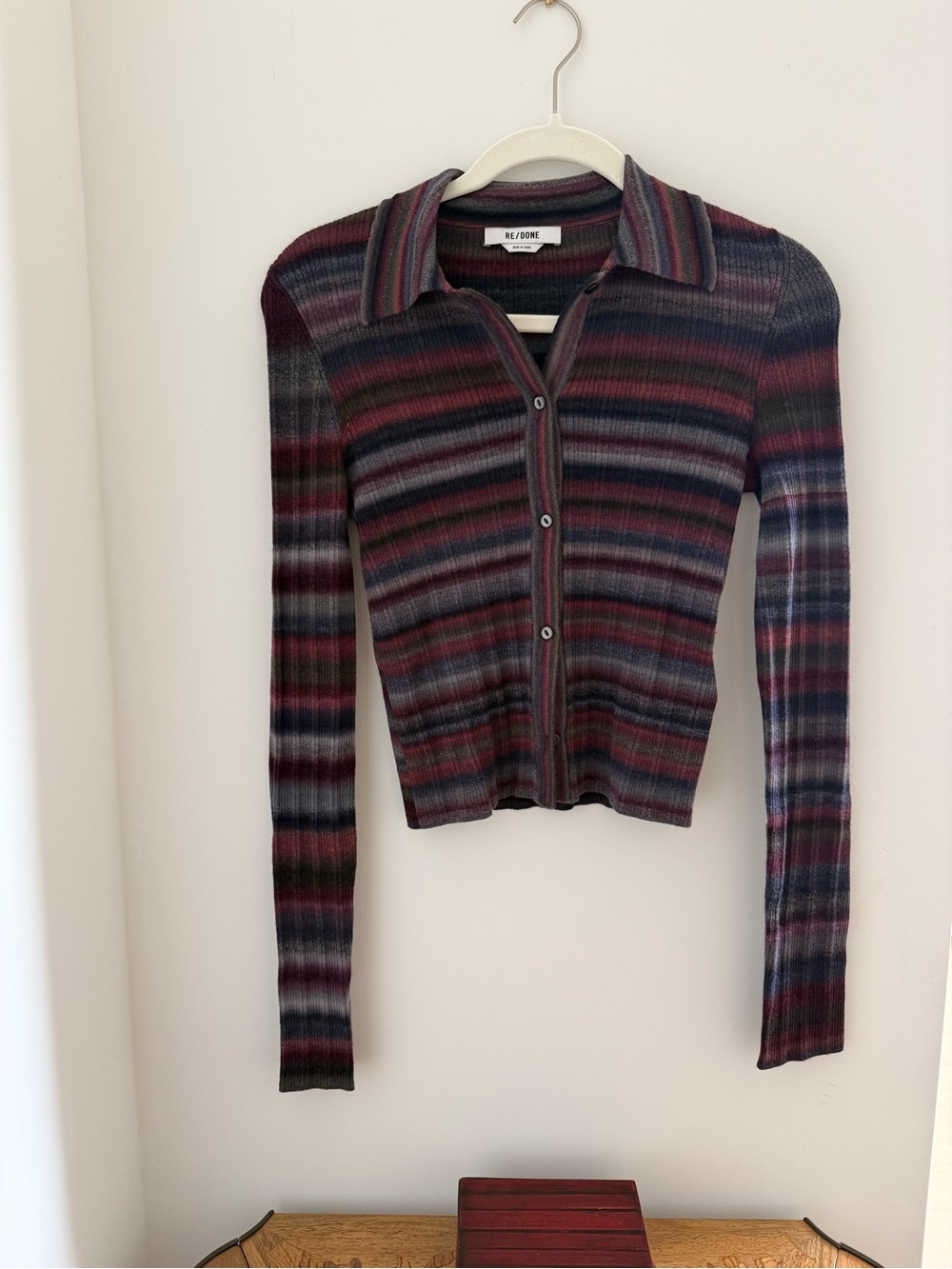 Re/Done Button-Front Ribbed Polo Cardigan